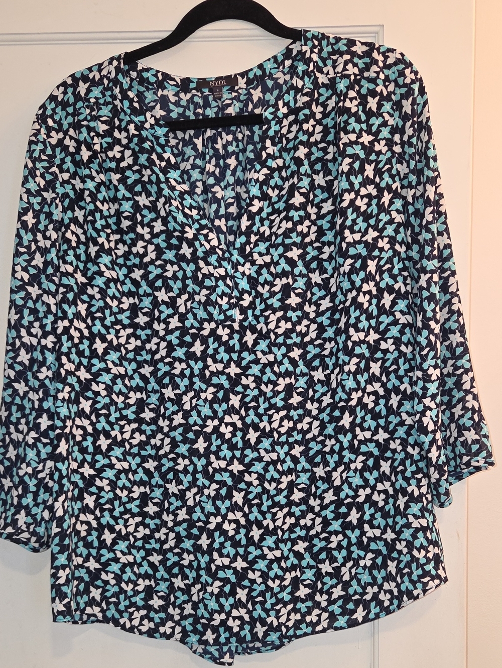 NYDJ Navy Tunic with Aqua and White Floral Motif